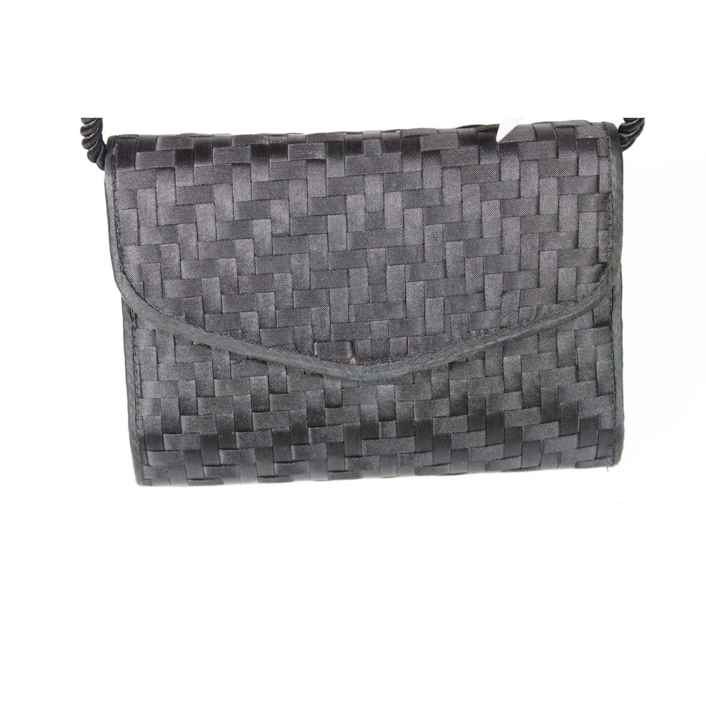 Lord & Taylor Womens Woven Evening Bag Clutch Black Satin Crossbody Rope Strap